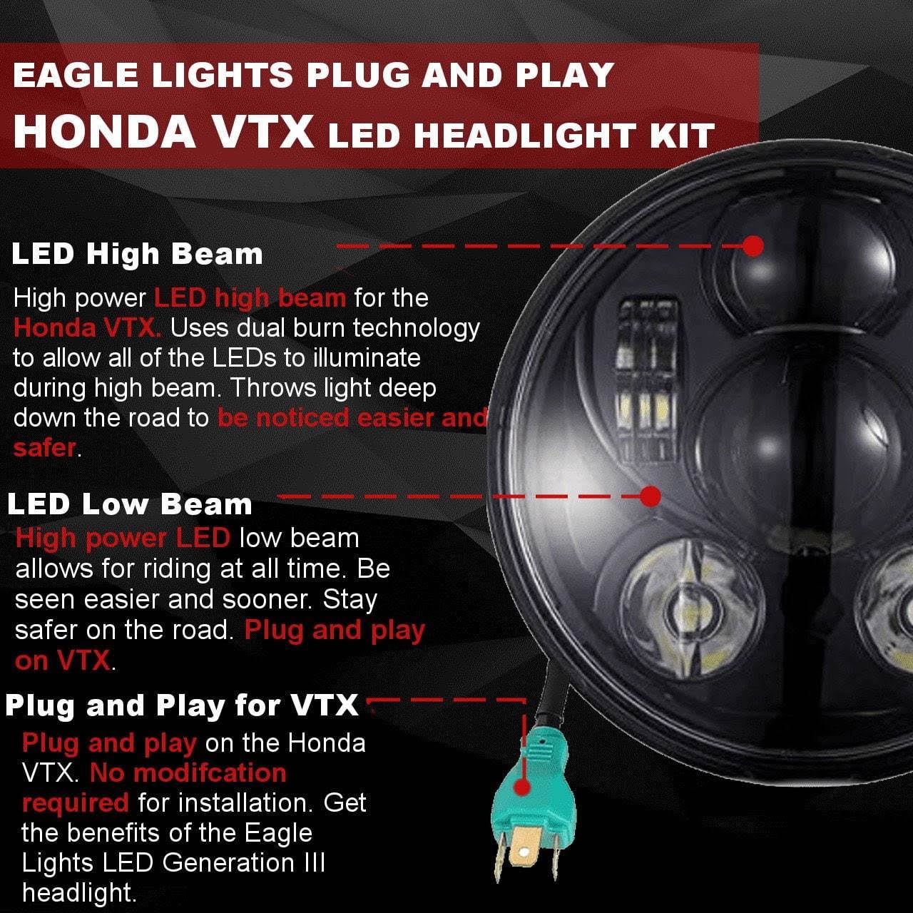 Eagle Lights Generation III LED Headlight for Honda VTX 1300 and 1800 - Includes VTX Bracket and Hardware Blue