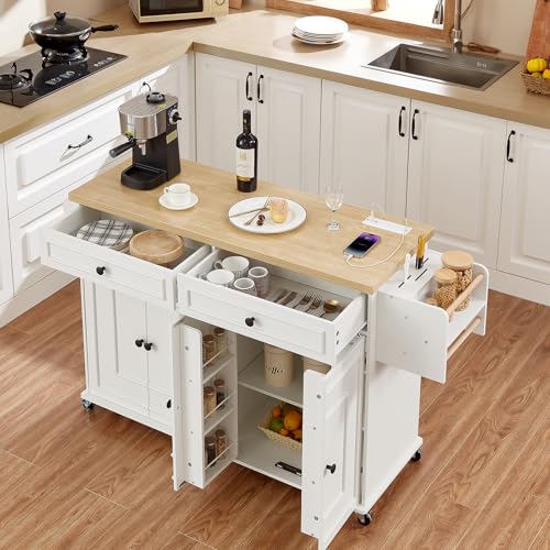 58" Mobile Kitchen Island, Kitchen Island Cart with Power Outlet, Island Table for Kitchen, Home Bar Carts with Storage
