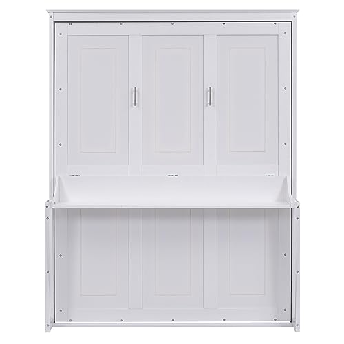 Queen Size Murphy Bed Wall Cabinet with 2 Wardrobe and Storage Shelf, Wooden Murphy Cube Wall Bed