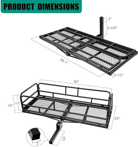 Trailer Hitch Cargo Rack, 60 x 24 x 14 Inch Folding Hitch Mount Cargo Carrier with High Side Rails for RV Truck SUV Van, 500 lbs. Capacity