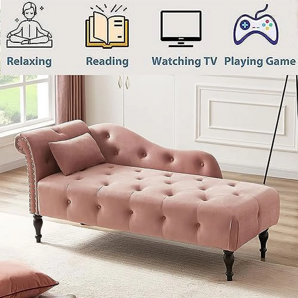 TJUNBOLIFE Tufted Upholstered Velvet Rolled Arm Chaise Lounges Indoor Chair  Right Arm Facing Chaise Lounge with Nailhead Trim and 1 Pillow for