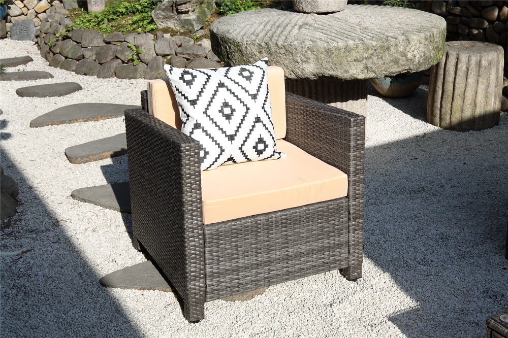 Superjoe Outdoor Patio Furniture Set 5 Pcs Conversation Set Wicker Sectional Sofa Steel Frame Chair and Table Gray Rattan Beige Cushions