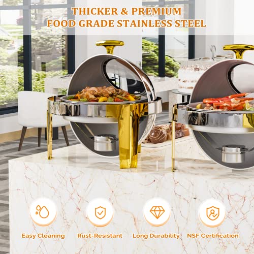 ROVSUN 3 Packs Roll Top Chafing Dish Buffet Set Gold Accent,6 Quart Round Stainless Steel Chafer