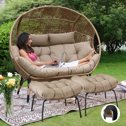 NICESOUL® Double Egg Chair Indoor Outdoor Stationary Oversized Thicken Padded Cushions, 2 Person Egg Loveseat Chair