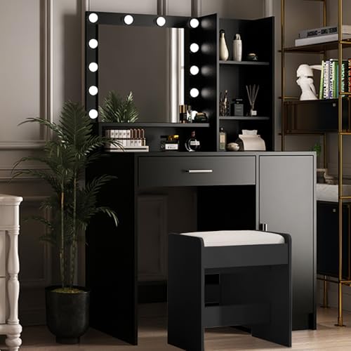 Vanity Desk with Mirror and Light, Large Drawer and Three Level Storage Dresser, 3 Lighting Modes Adjustable Brightness