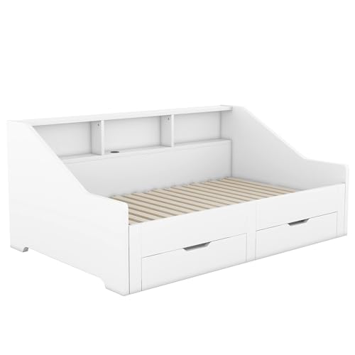 Merax Twin to King Daybed with Storage Bookcases and Two Drawers, Wood Bed Frame with Trundle and USB Charging Design for Bedroom, Guest Room
