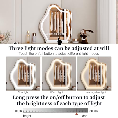 Makeup Vanity Desk with Cloud Lighted Mirror with Power Outlet and LED Strip, 3 Color Lighting Modes with Adjustable Brightness