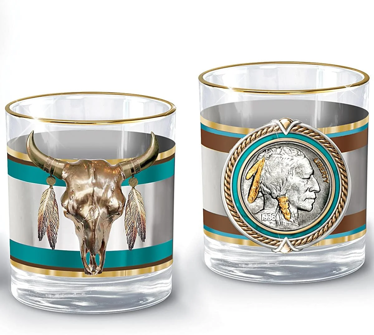 The Bradford Exchange Pride of The West Decanter and Glass Set American Western Buffalo Nickel Inspired Collection with 12K Gold Rims in Satin Gift