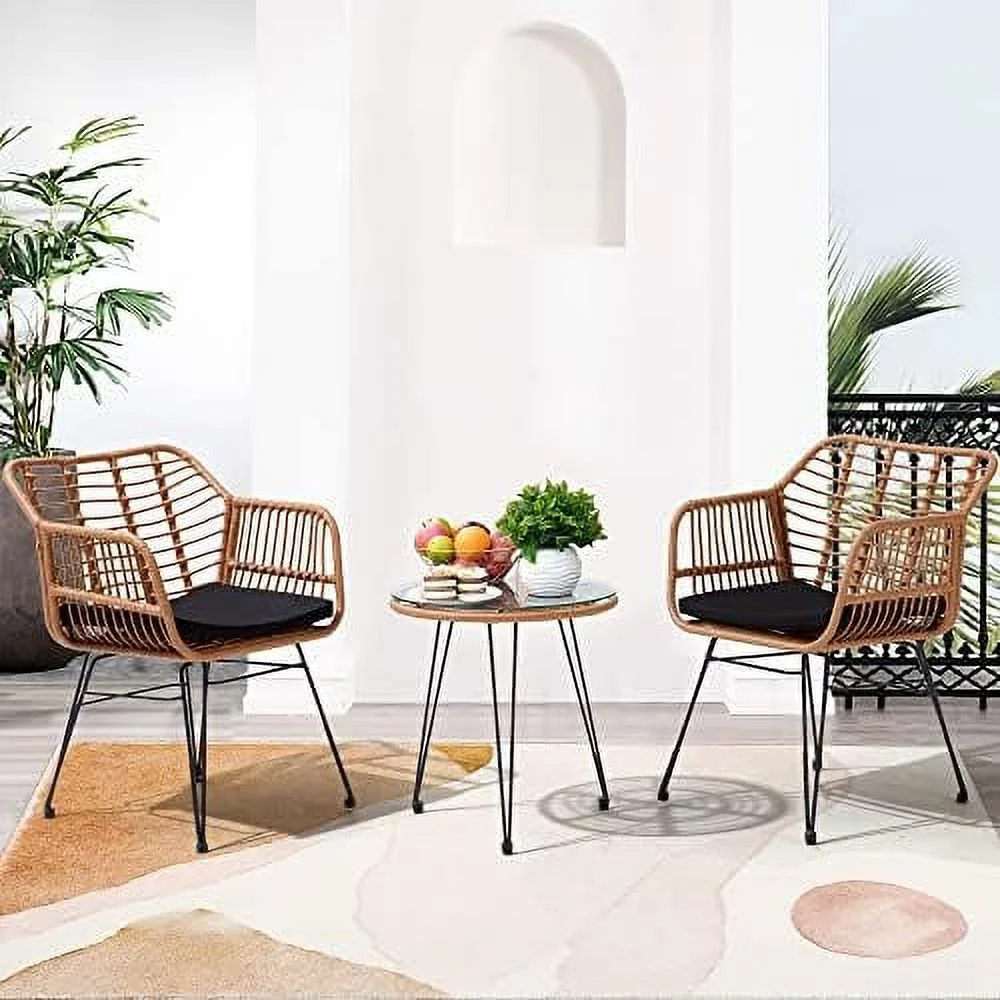 KHBIULIFE 3 Pieces Wicker Patio Bistro  Set  Includes 2 Chairs and Glass Top Table  Ideal for Porch  Outdoor  Backyard  Apartment  Balcony Black Color