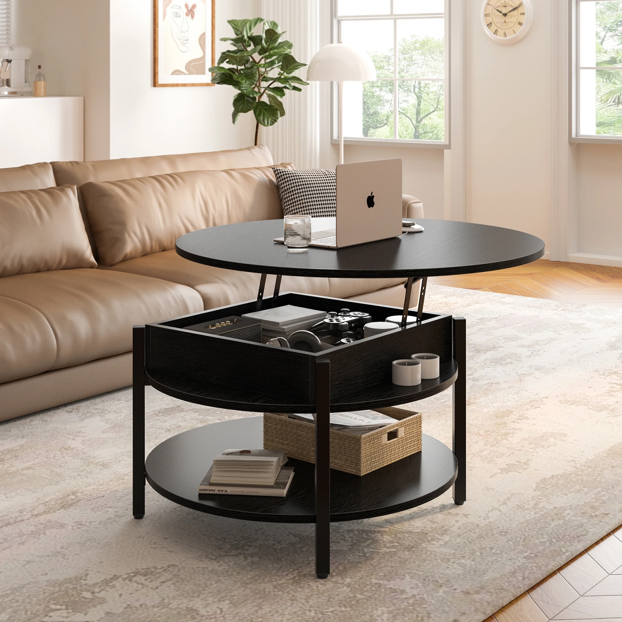 GUNAITO Round Lift Top Coffee Table with Storage Modern Farmhouse Center Table with Shelf Small Circle Table for Living Room for Living Room Black