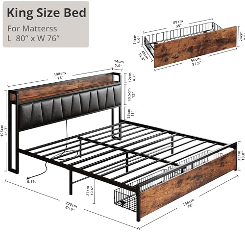 LIKIMIO Full Size Bed Frame, Storage Headboard with Charging Station, Platform Bed with Drawers, No Box Spring Needed, Easy Assembly