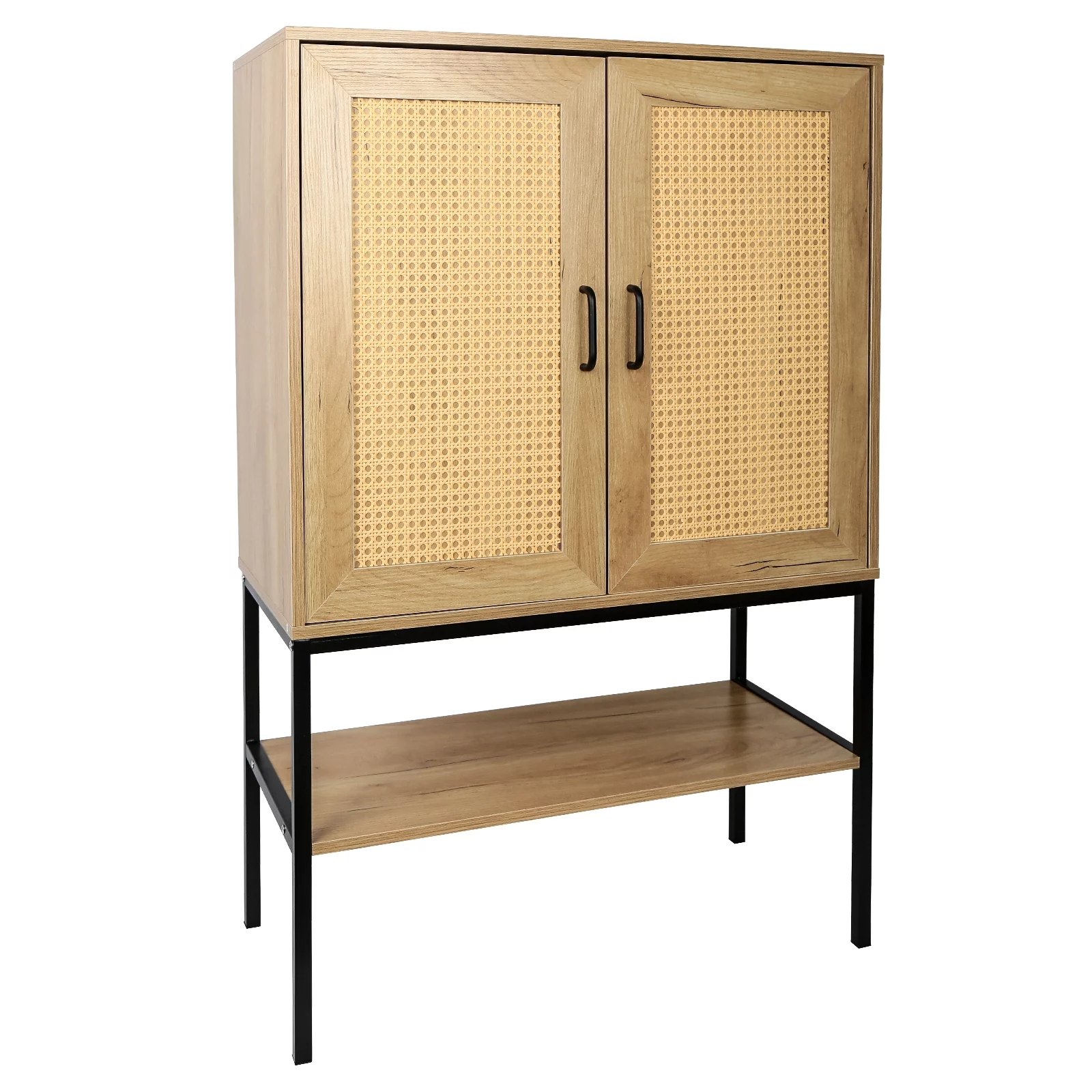 Dcenta Elegant Cabinet with 2 Rattan Doors Bedroom Living Room Kitchen Cupboard Wooden Furniture with Bottom Shelf Easy Assembly Natural Color