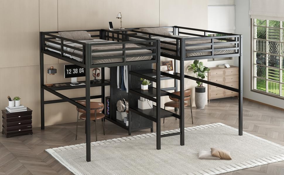 Bellamave Metal Loft Bed with Wardrobe and L-Shaped Desk, Full Size Loft Bed with Storage Cubes and Shelves, Heavy Duty LoftBed for Kids Teens Adults