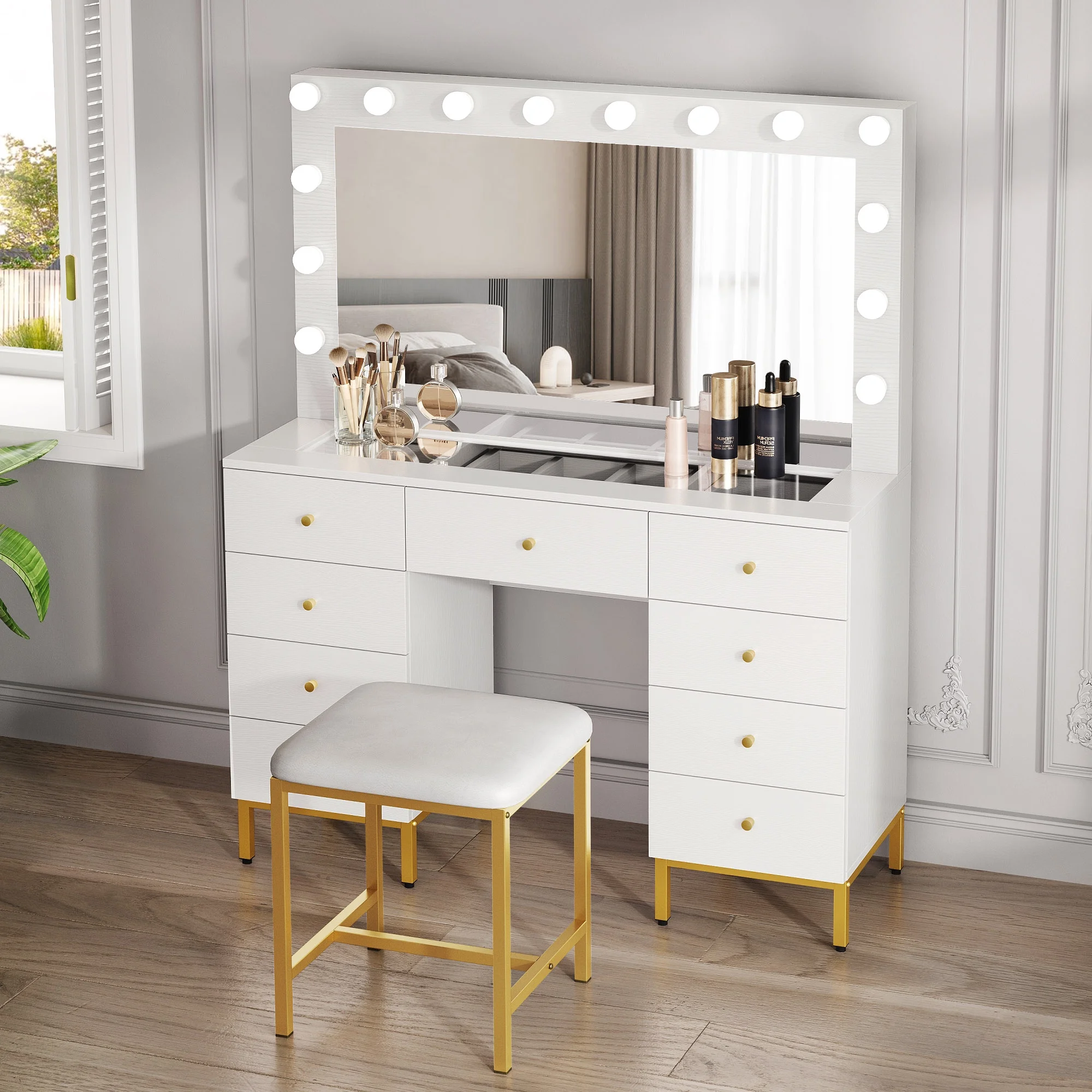 DWVO Vanity Table Set with 3 Color Lighted Mirror & Charging Station & Stool, Modern Makeup Vanity Dressing Table with 9 Drawers for Bedroom
