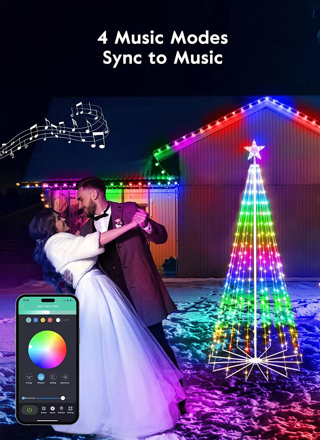Brightown Smart Christmas Cone Tree LED Light, 6ft 265 LED Music Sync with Remote APP, Local Control, Pattern and Text Displayable