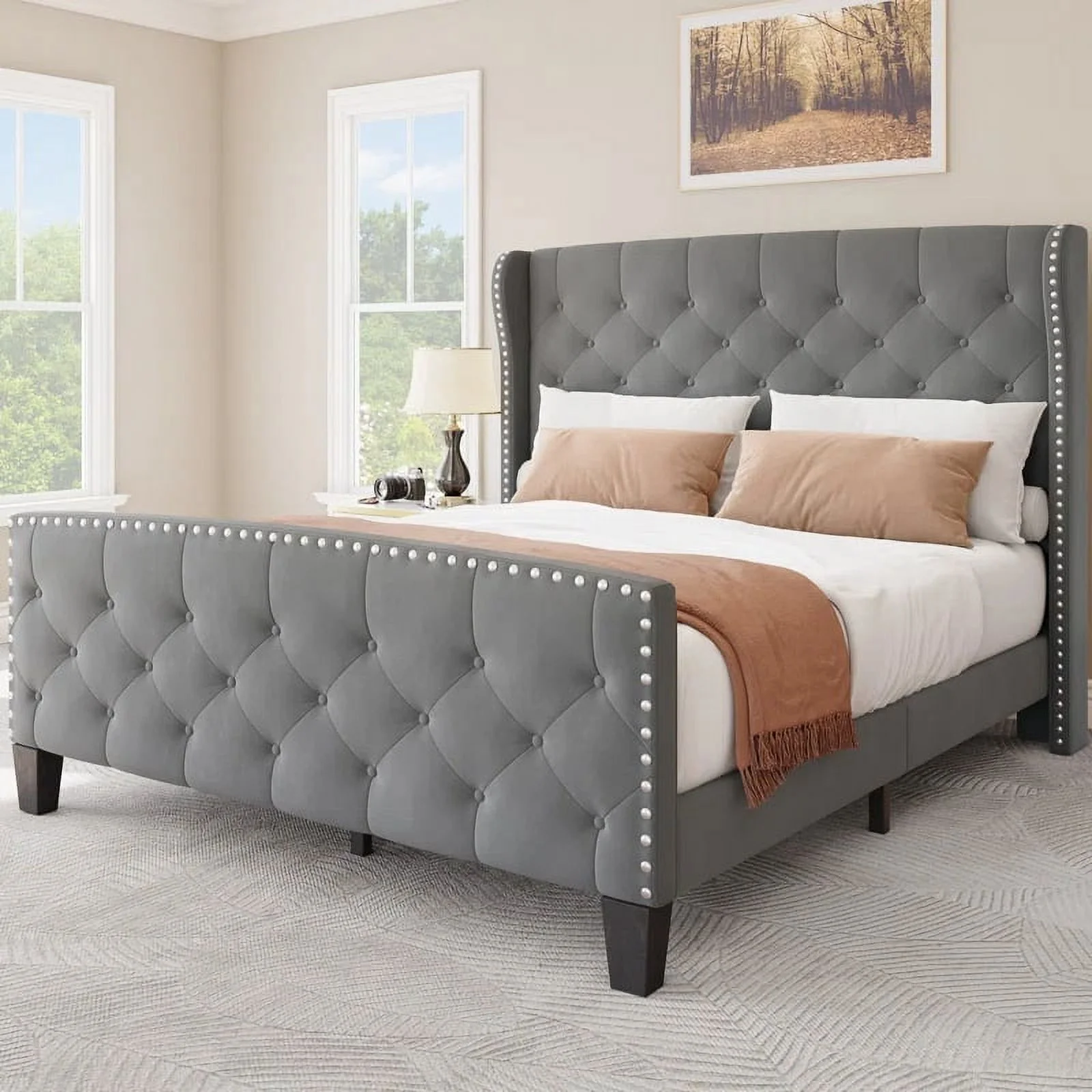 Dextrus Upholstered Bed Frame Queen Size, Platform Bed Base with Velvet Headboard & Footboard, Wingback Upholstered Bed Frame Mattress Foundation