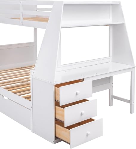 Twin Over Full Bunk Bed with Desk and Trundle, Wooden Bunk Beds Twin over Full Size with Storage Drawers and Shelf