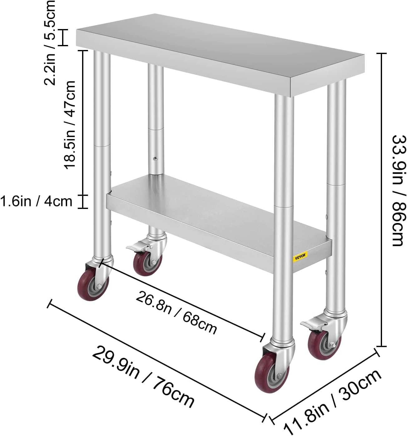 Mophorn Stainless Steel Work Table with Wheels 24 x 30 Prep Table with casters Heavy Duty Work Table for Commercial Kitchen Restaurant Business (24 x