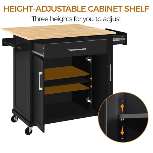 Yaheetech Rolling Kitchen Island Cart with Drop Leaf, Portable Rubberwood Breakfast Bar with Storage Cabinet, Open Shelves & Detachable Towel