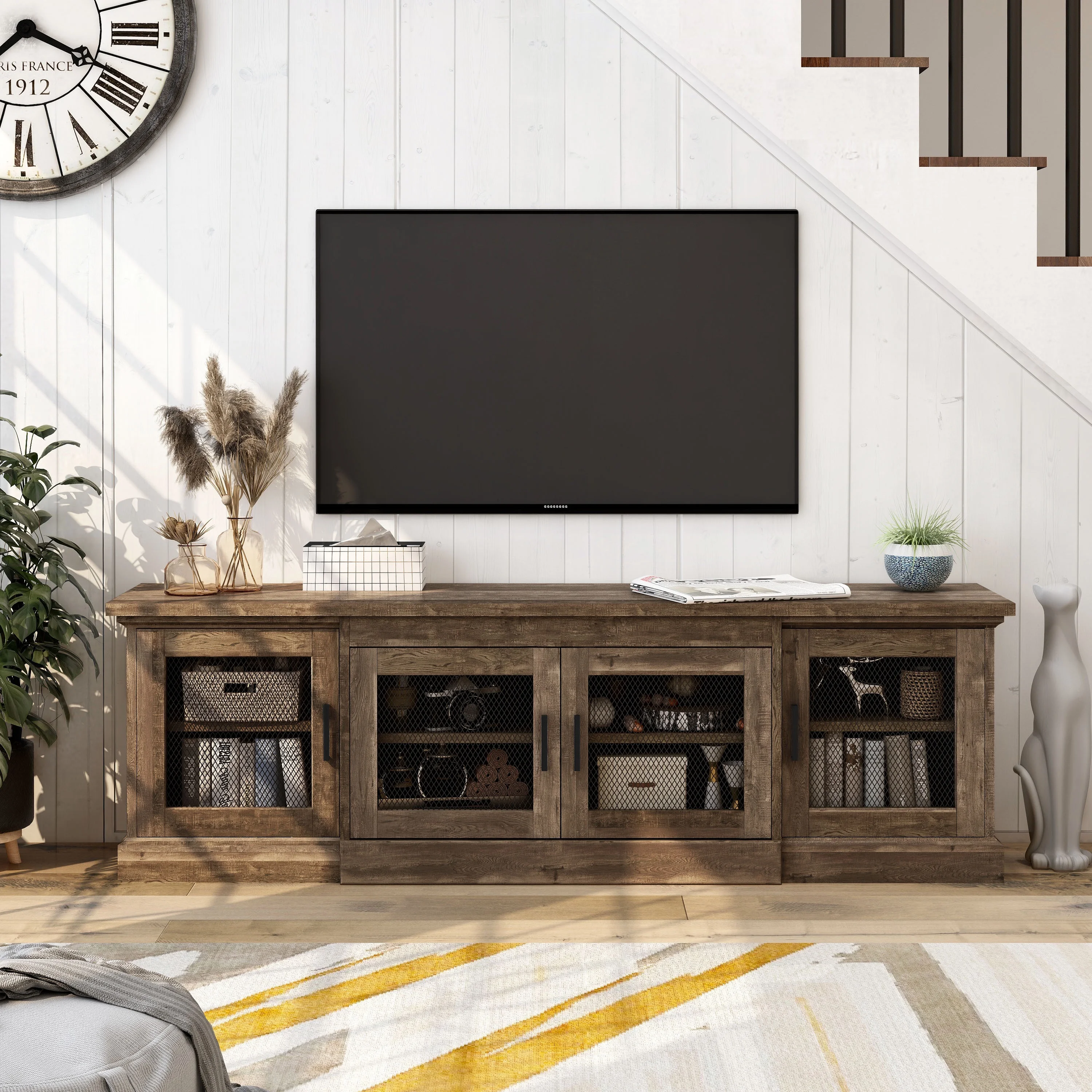 24/7 Shop At Home Rodeo 6 Shelf Rustic TV Stand with Storage, Media Console Entertainment Center, TV Console for Living Room in Reclaimed Oak