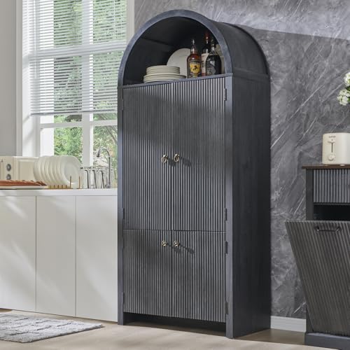71" Tall Arched Kitchen Pantry, Modern Fluted Wood Storage Cabinet with Doors, 3 Adjustable Shelves, 6 Door Shelves, Organizer