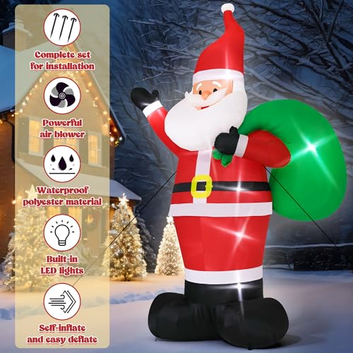 15FT Christmas Inflatables, Giant Inflatable Santa Claus Holding Gift Bags, Blow Up Christmas Santa Claus with 8pcs LED