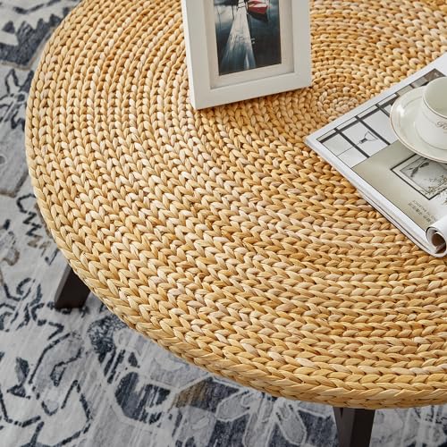 RANDEFURN Coffee Table Round, Seagrass Coffee Tables,Pine Wood X Base Frame Cocktail Table, Easy Assembled, Multiple Sizes for Living Room