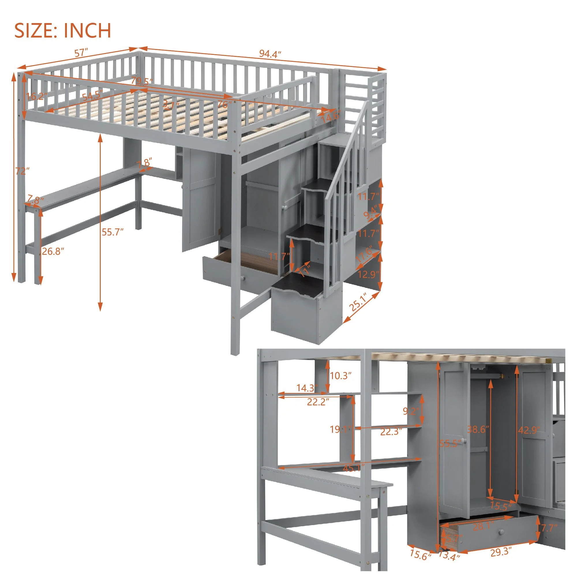 Full size Multifunctional High Loft Bed with Under-bed Desk, Shelves and Wardrobe, Sturdy Wooden Loftbed Frame with Bookshelf