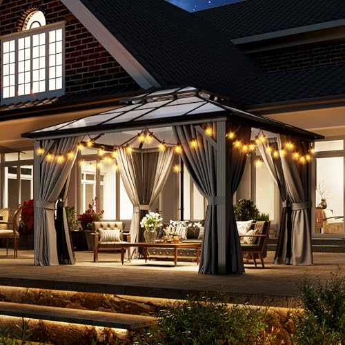 Aoxun 12'x10' Hardtop Gazebo, Aluminum Frame Permanent Pavilion with Curtains and Netting, Outdoor Polycarbonate Double Roof Canopy