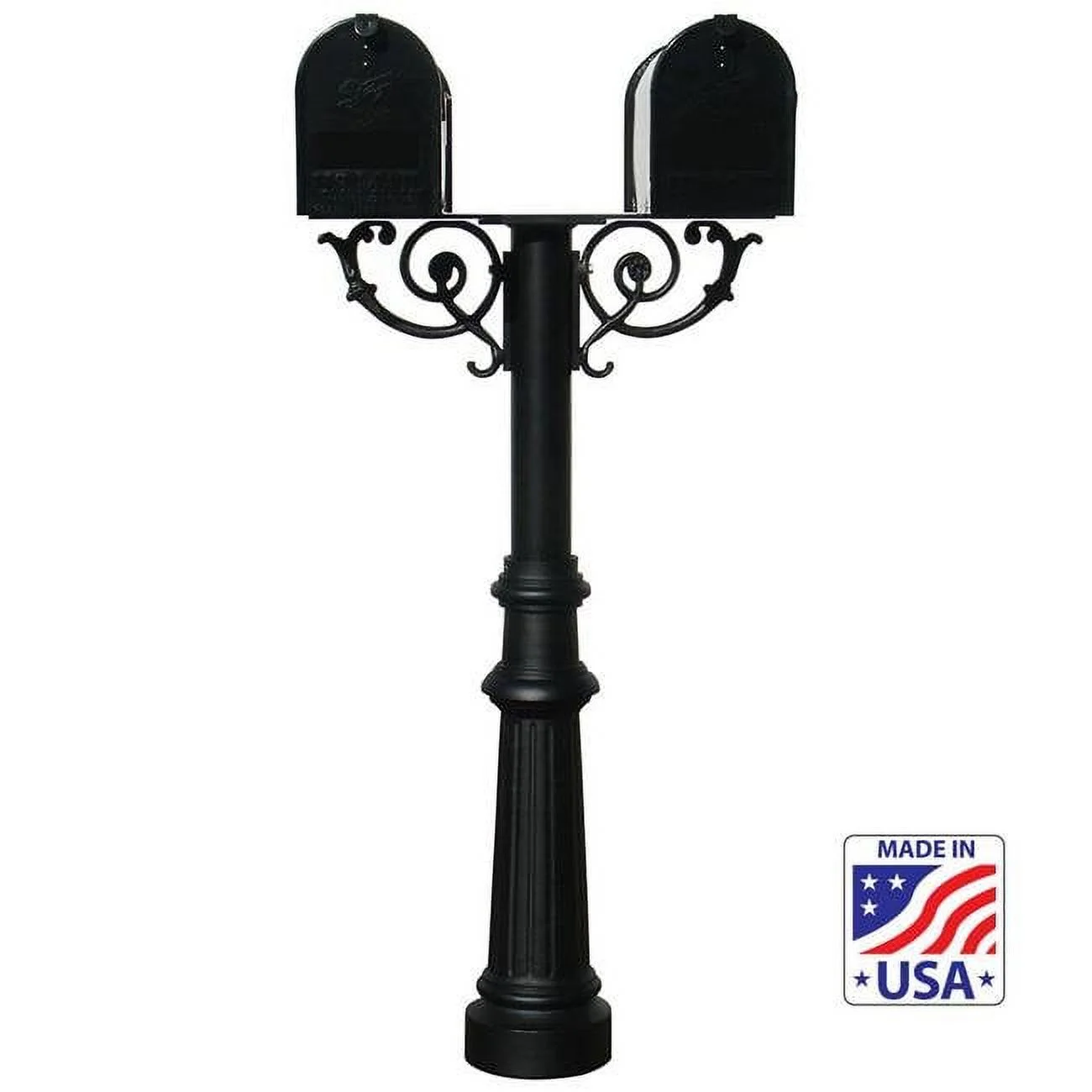 The Hanford TWIN mailbox post system w/Scroll Supports, Black - HPWS2-US-800-E1