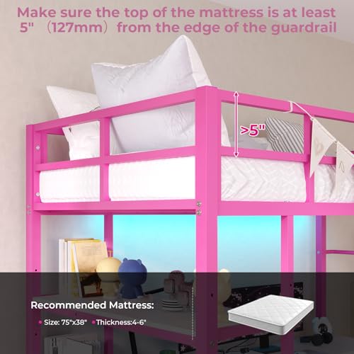 DICTAC Loft Bed Full Size with L-Shaped Desk and Charging Station Full Metal Bed Frame with LED Lights,Open Shelves and 3 Fabric Storage Drawers