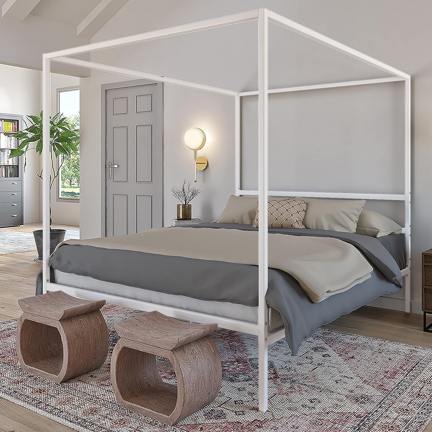 DG Casa Charles 4 Corner Post Canopy Platform Bed Frame and Full Wooden Slats, Box Spring Not Required - Queen Size in White Metal