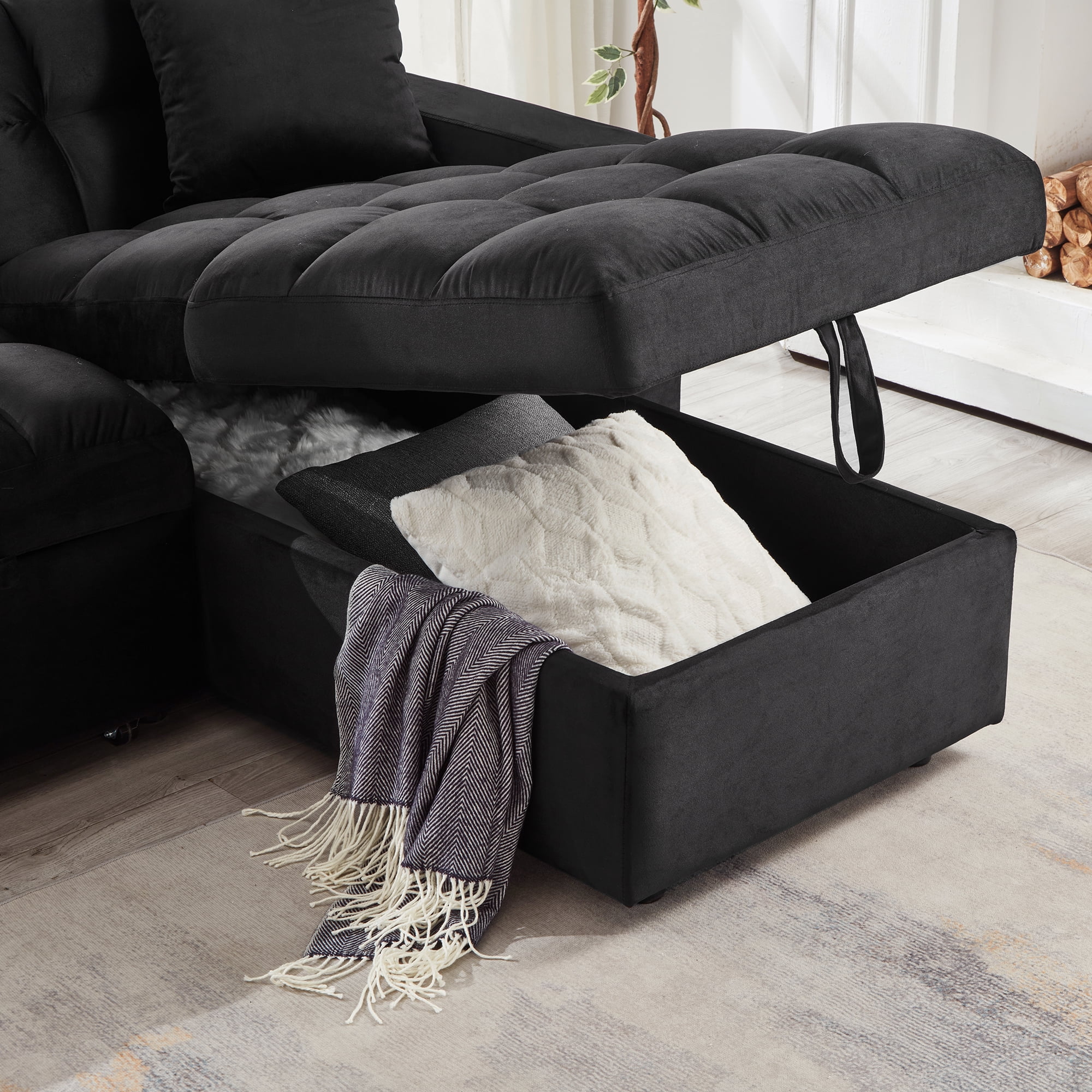 Muumblus 84" Convertible Sofa Bed, Pull Out Sofa Bed, Modern Tufted Sectional Sleeper Sofa with Storage Chaise, L Shaped Sofa Couch for Living Room