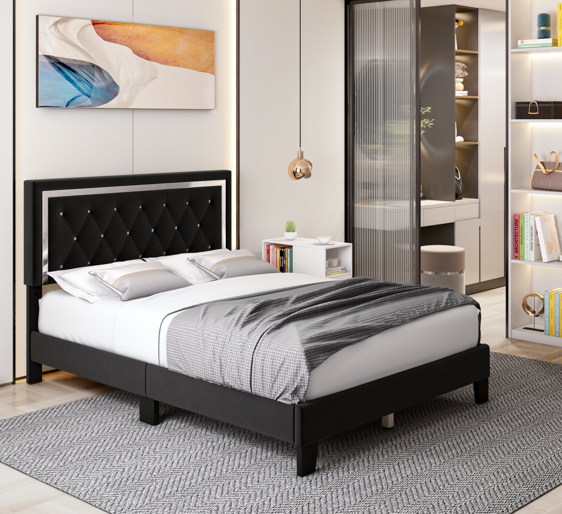 Homfa Queen Size Bed Frame with Adjustable Headboard, Diamond Tufted Upholstered Platform Bed, Black