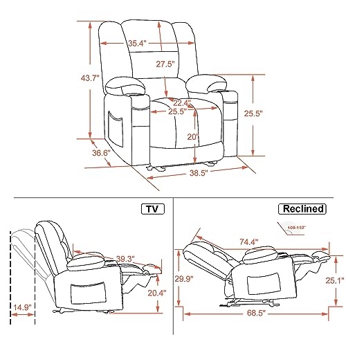 MCombo Zero Gravity Power Recliner Chair with Heat and Vibration Massage, Reclining Chair with USB & Type C Ports, Cup Holders for Living Room