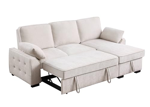 L-Shaped Pull Out Sleep Sofabed,Modern Reversible Sleeper Sectional Sofa Chenille Upholstered Button Tufted Decor with Storage Chaise