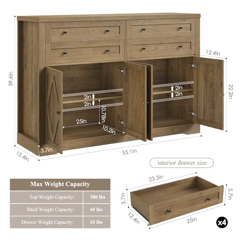 HOSTACK 55" Coffee Bar with 4 Large Drawers, 40" Tall Buffet Cabinet with Storage, Kitchen Storage Cabinet, Modern Farmhouse Sideboard Buffet