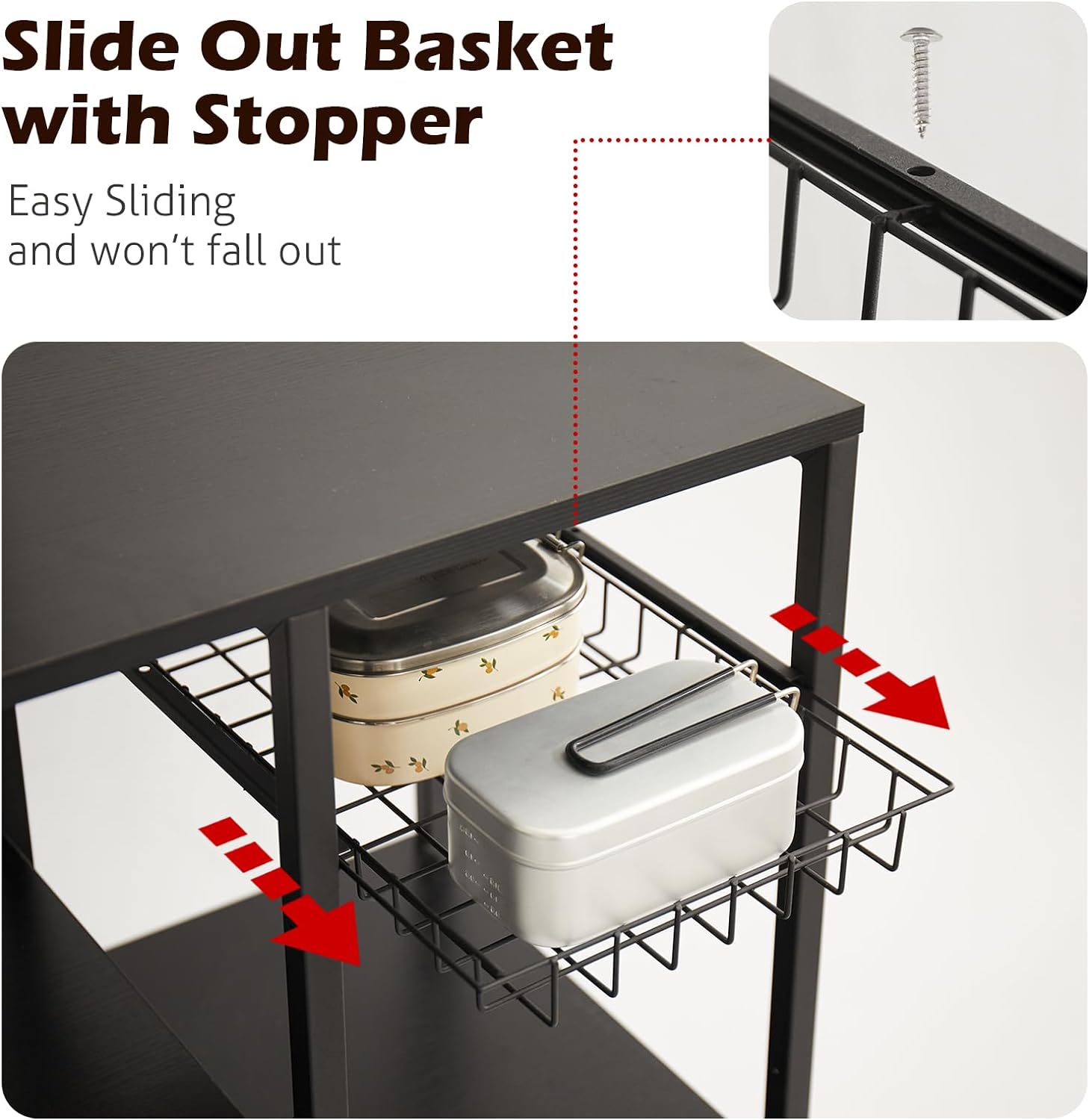 FJU Kitchen Bakers Rack with Power Outlet, Microwave Stand, Kitchen Storage Rack with Wire Basket, 6 Hooks, Kitchen Shelves for Spices, Pots
