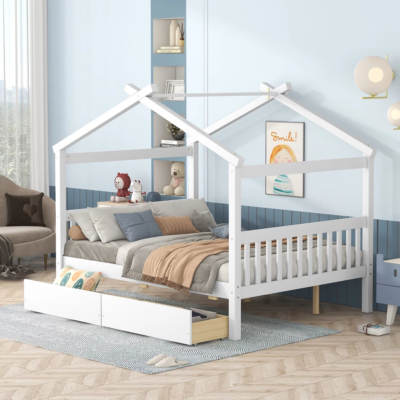 Bellemave Kids House Bed with Drawers Full Size Platform Bed with Storage Playhouse Design Wooden House Bed Frame With Headboard and Footboard for