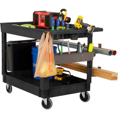 Industrial Service u0026 Utility Cart, Plastic 2 Tray Black Shelf, 44 x 25-1/2, 5 inch Rubber Casters 800334