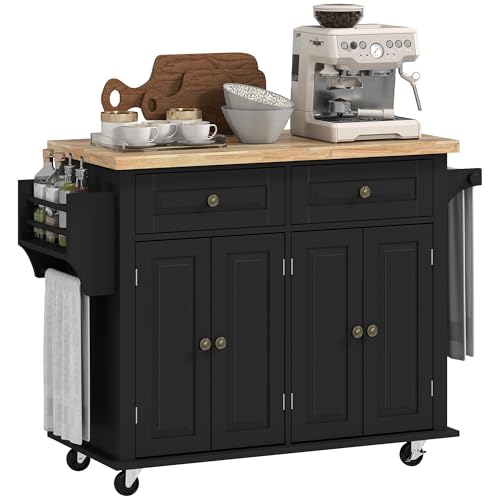 HOMCOM Kitchen Island on Wheels, Rolling Cart with Rubberwood Top, Spice Rack, Towel Rack and Drawers for Dining Room, Navy Blue