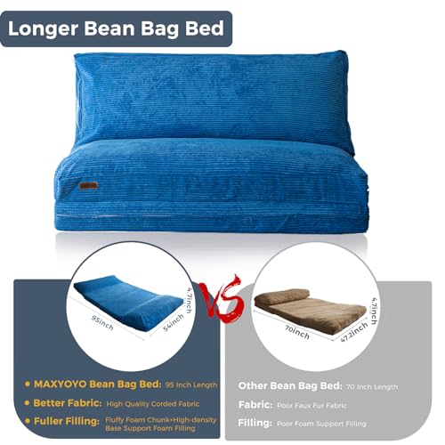 MAXYOYO Bean Bag Bed Folding Sofa Bed Floor Mattress for Adults, Extra Thick and Long Floor Sofa with Corded Washable Cover, Dark Grey, 30x95 Inch