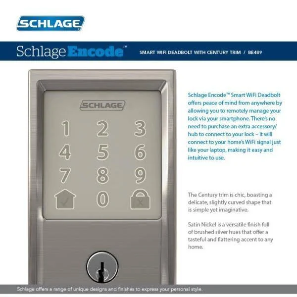 Schlage Century Encode Smart WiFi Door Lock with Alarm and Latitude Lever Handleset in Satin Nickel