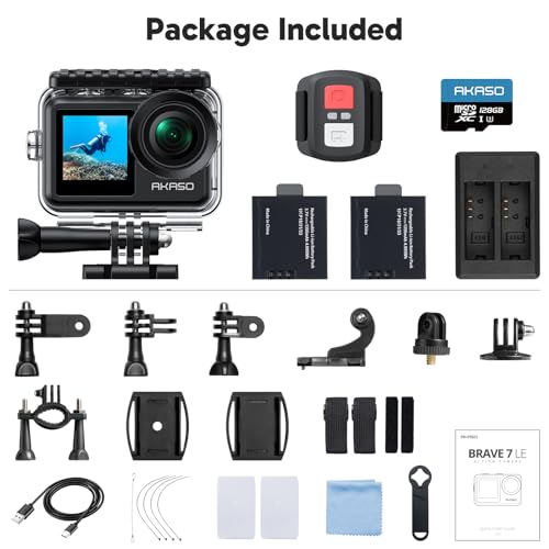 AKASO Brave 7 LE 4K30fps Action Camera with 256GB MicroSDXC U3 Memory Card Accessories Kit Bundle Ultra HD 131FT Waterproof Camera EIS 2.0 WiFi