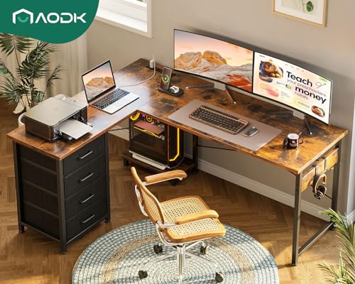 AODK L Shaped Gaming Desk with 4 Drawers, 61" Reversible Home Office Desks with Power Outlets