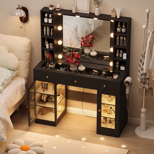 White Vanity Desk with Mirror and Lights, Glass Top Vanity with Lighted Mirror & RGB Glass Cabinet and 3 Drawers