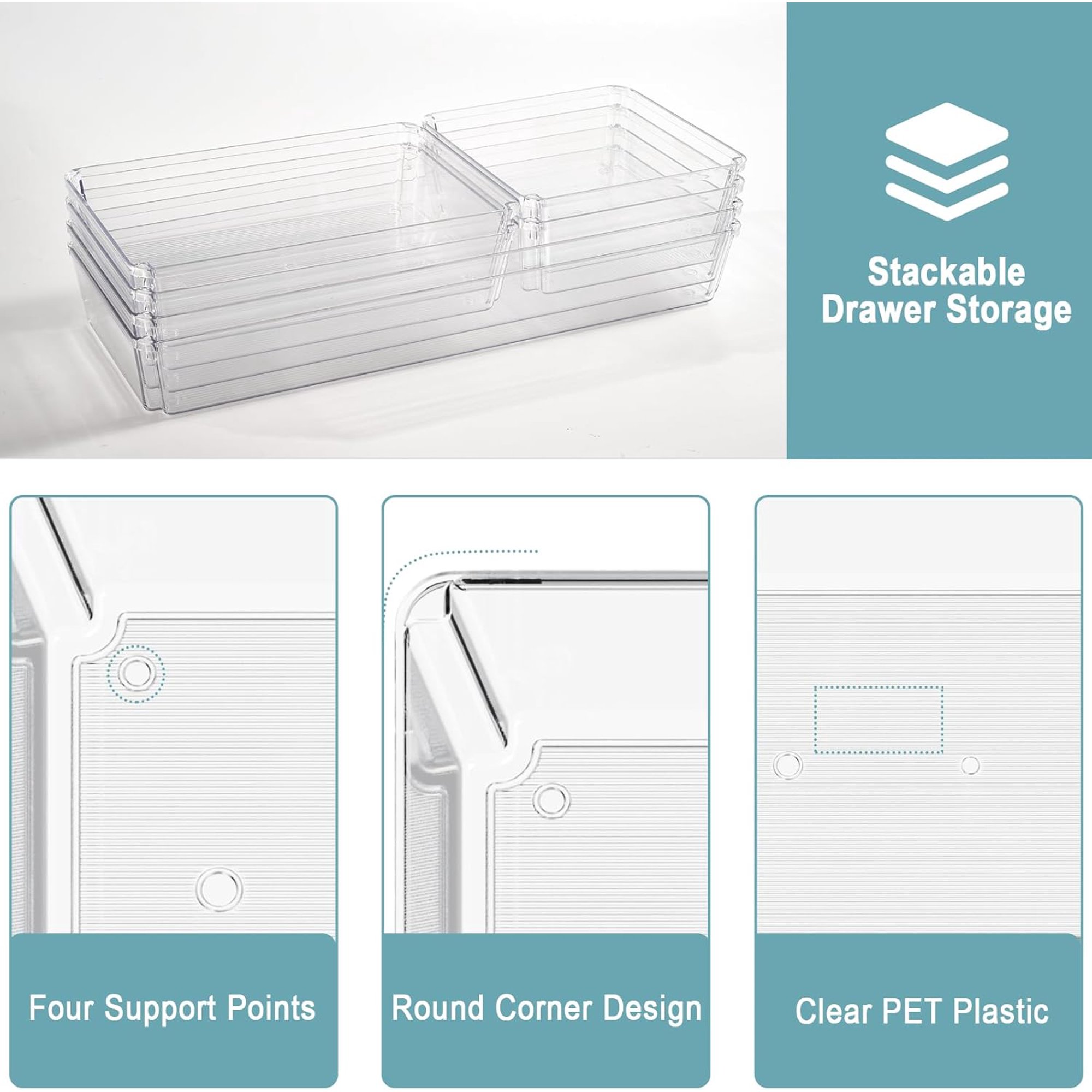 6 Pack Large Clear Plastic Drawer Organizer Trays, Desk Drawer Organizers and Storage Dividers, Non-Slip Storage Bins for Jewelry, Snacks, Office