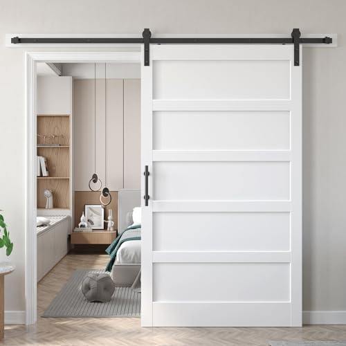Fredbeck Double 21inx84in White Barn Door and 7FT Sliding Barn Door Hardware Kit Included,Solid,MDF, PVC Surface,DIY Assembly,5-Panel