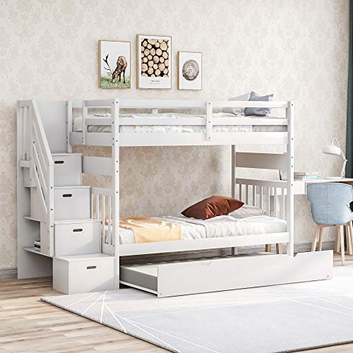 Harper & Bright Designs Stairway Twin Over Twin/Full Bunk Bed with Twin Size Trundle and Drawers