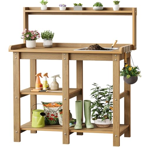 Potting Bench, Outdoor Potting Bench Table with Removable Sink, HDPS Potting Benches for Outside, Garden Table with Storage Shelves & 4 Side Hooks